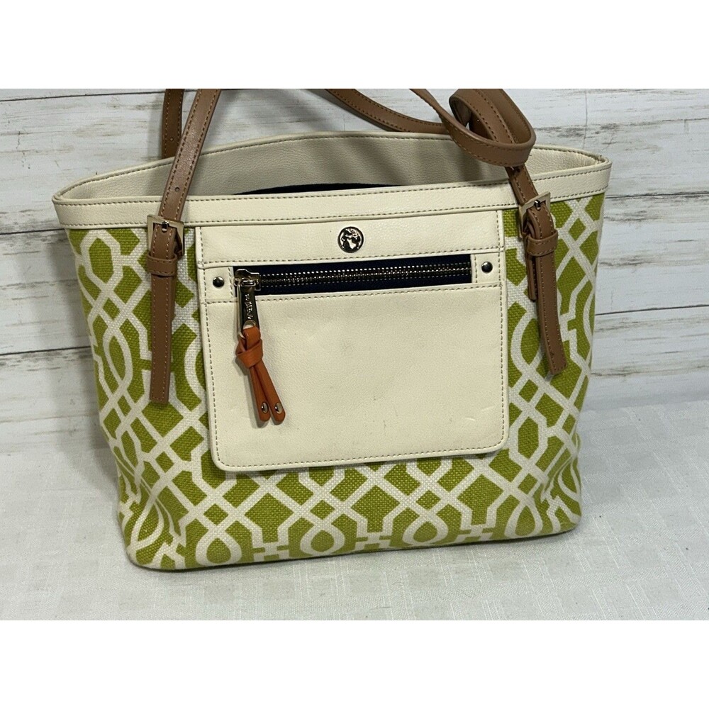 Spartina Heyward 449 Geometric Green White Shoulder Bag Linen Canvas & Leather
